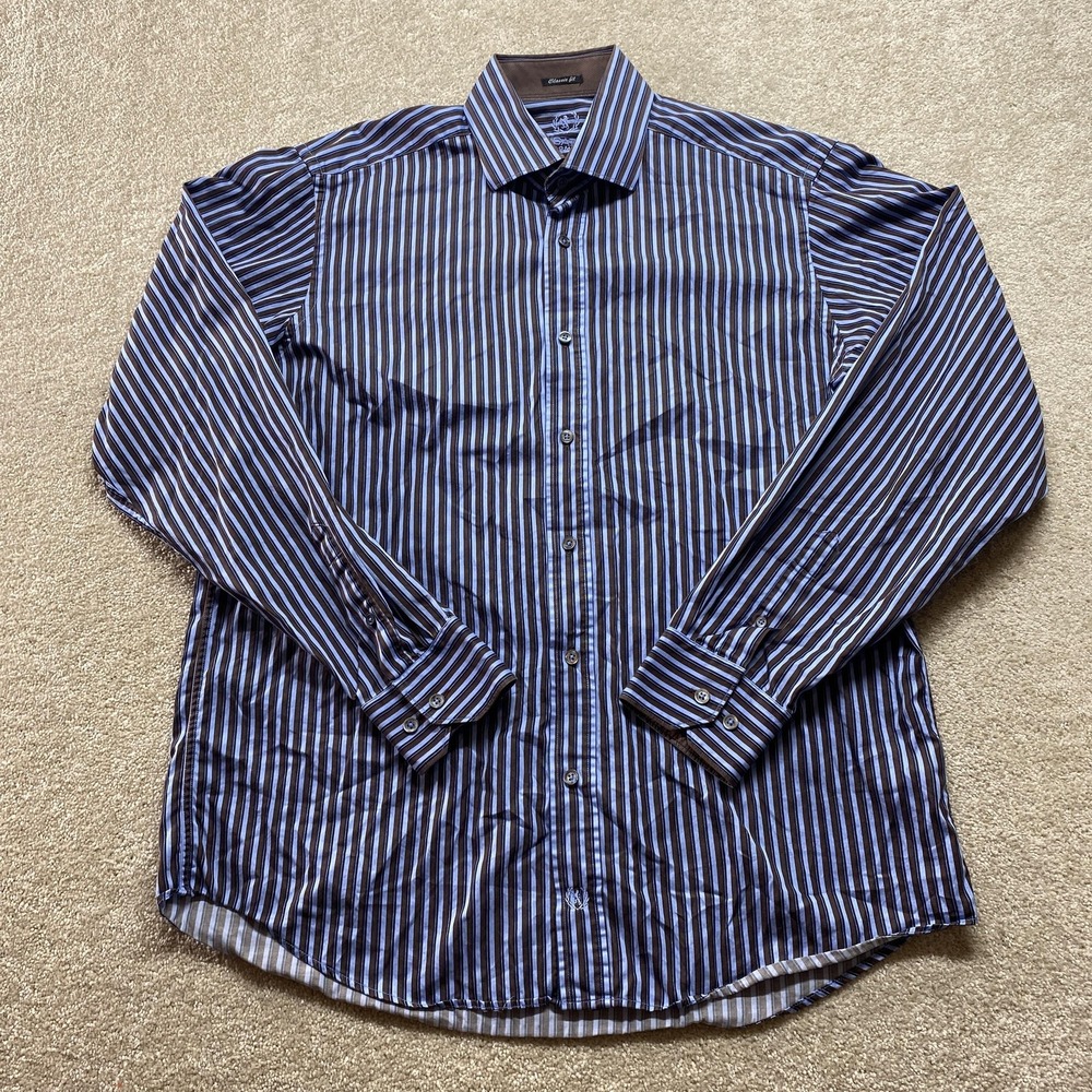 Bugatchi Uomo Shirt Mens Large Brown Blue Striped Classic Fit Button Down Cotton